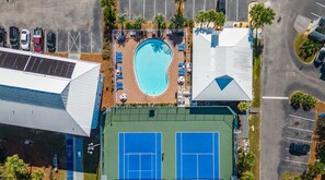 Tennis and Pickleball courts and pool and clubhouse.