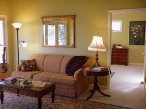 Here's the living room with its queen sized sofa bed & good reading lights.