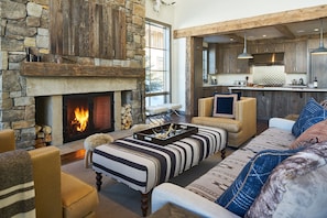 Living room; Wood burning fireplace