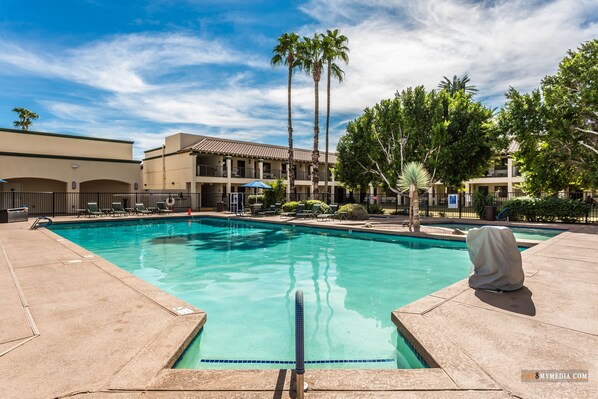 Large heated swimming pool.