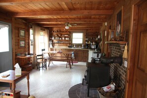 kitchen and dining area, woodstove for fall warmth
ceiling fans for cooling