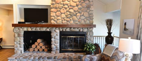 Living room, wood burning fireplace