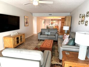 Living area view. Hallway leads to Master/Guest bedroom, Laundry, bathroom