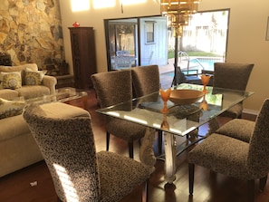 Dining room with beautiful vintage chandelier 