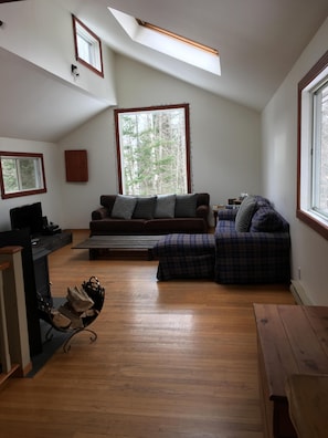 Beautiful living room with TV, wood stove, a new couch and amazing light