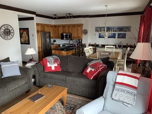Overview of the open space (living room, dining room and kitchen)