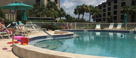 Very close Pool w steps and railing, shower and sauna next to pool