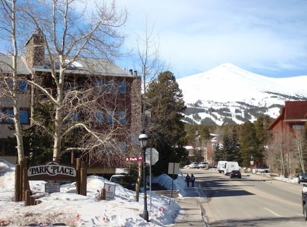 Park Place condo in the Winter with Peak 8 in the background