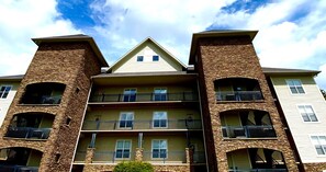 This exterior shot is showing stairs & elevator. 4th Floor Top Right.