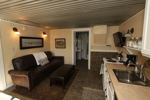 The sofa doesn't have a pull out bed, and the tv doesn't have satellite or cable