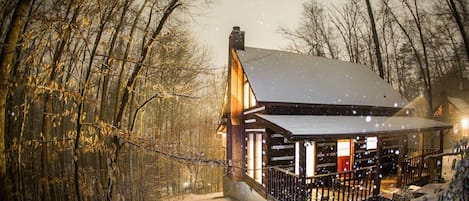A night picture of our cabin during a 2014 Winter Snow.