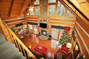 View from staircase of living room.