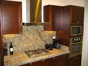 Granite counters and everything you need to prepare a meal...