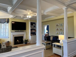 Beautiful coffered ceiling. Cooling fan with light.