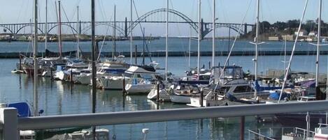 View from deck - marina, Yaquina Bay, sliver of ocean