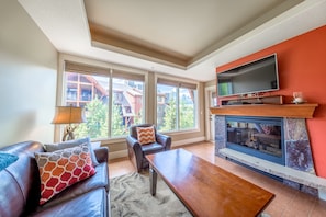 Cozy living room with large windows, electric fireplace and HD smart TV
