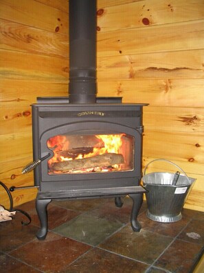 Wood stove keeps the place cozy.