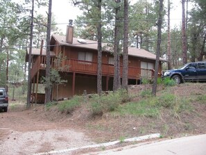 Shows the front of the house with lower and upper driveways. 