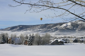 View of hot air balloon from deck