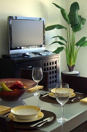 A 42' LCD TV with satelite service is viewable throughout the living area