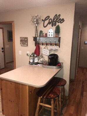 Coffee bar with both Keurig and Regular Coffee Maker.
