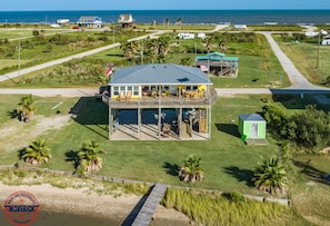 Aerial view of the Krusty Krab with views of bay and gulf.