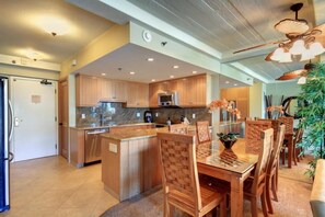 Kitchen and dining area from master bedroom door.