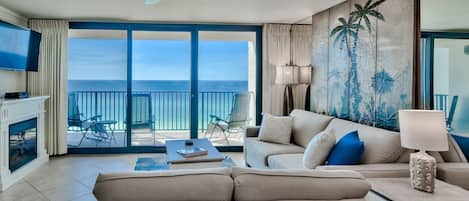 Living room with gulf view. Sleeper sofa with Cozy mattress.