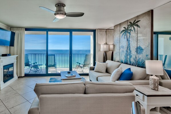 Living room with gulf view. Sleeper sofa with Cozy mattress.