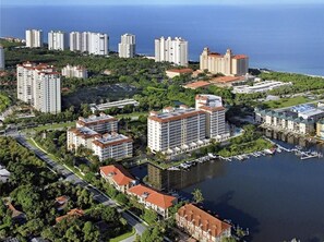 Aerial View of Regatta showing Vanderbilt Bay and the Gulf of Mexico.