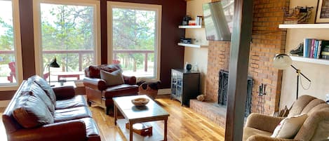 Open Living Room with wood burning fireplace