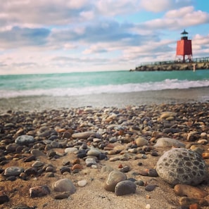 Michigan Beach is only two blocks away. And yes, we found this Petoskey stone!