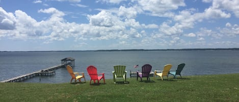 endless views, with a pier, and small sand beach area