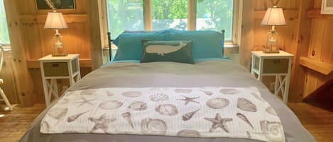 A quiet scene of trees and hydrangeas from the 'bedroom'