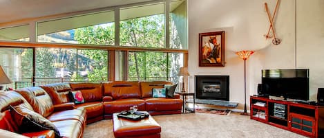 Living Room, with gas fireplace, flat screen TV and DVD player