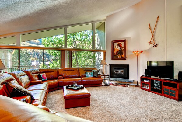 Living Room, with gas fireplace, flat screen TV and DVD player