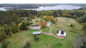 Aerial view of Barn Home and Farmhouse with Embarrass Lake to the south.