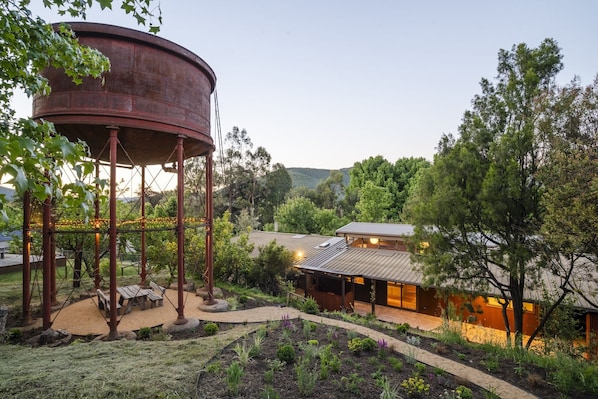 View from top garden with heritage listed water tank 