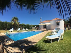 Lawns either side of the pool with house behind