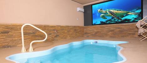 Private, Indoor, Heated Pool with 10' Projector Screen and Roku Streaming Stick