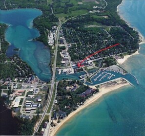 Beautiful Elk Rapids. Our location is indicated by the red arrow 
