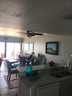 View when entering the condo with an open concept floor plan facing the beach