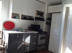 Kitchen with stove, fridge, microwave, fully equipped & even a spice rack.