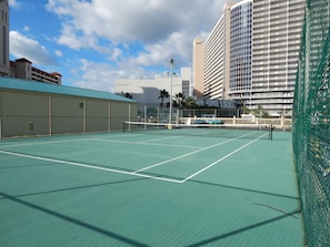 Tennis court and fitness center on site