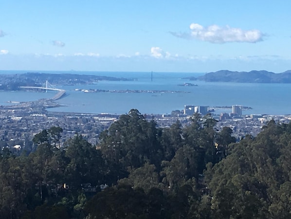 View of SF Bay, Oakland Bay Bridge, Golden Gate, Alcatraz, SF, and Oakland