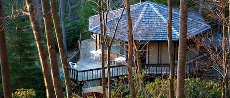 View of cabin from rock outcropping on hillside