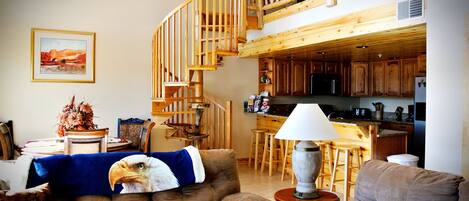 Living area/kitchen/ loft upstairs.