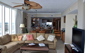 Living Room and view of dining area and kitchen