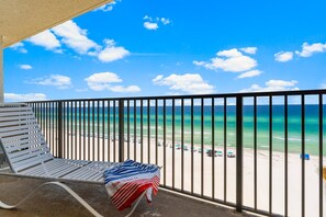 Patio has two lounges and 4 comfortable chairs and end tables
