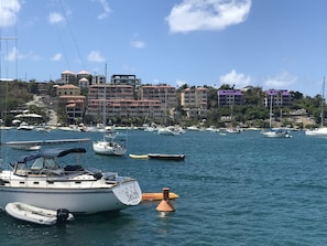 View of Grande Bay Resort from across Cruz Bay